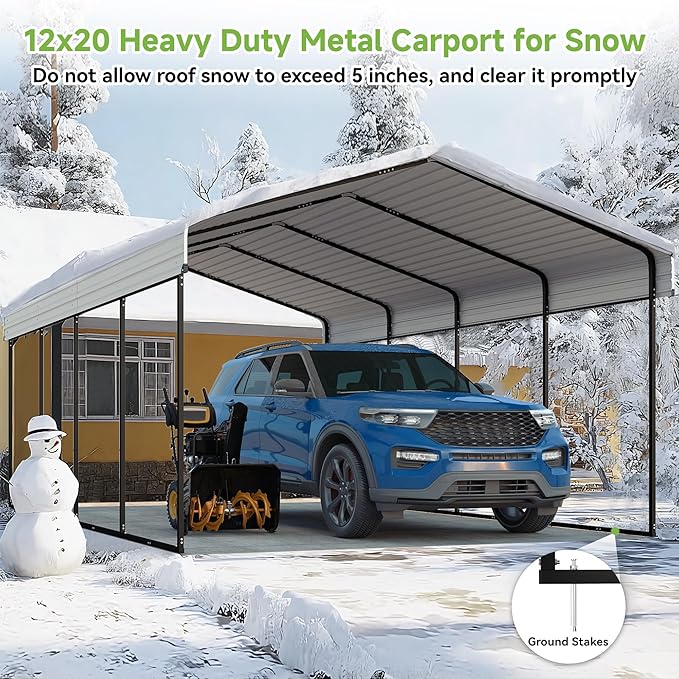 12x20FT Metal Carport,Heavy Duty Carport with Reinforced Frame and Galvanized Steel Roof, Large Outdoor Garage Shelter Shade Car Port for Pickup Trucks, Boats, Cars & Tractors, Farm Tools, Cream White