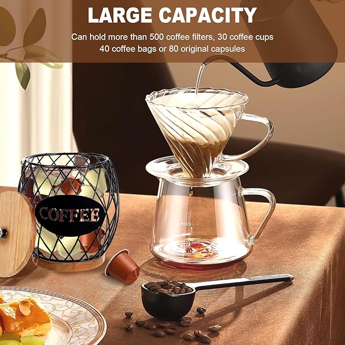 Coffee Pod Basket Holder Hollow Design Metal Coffee Pod Container with Dust Cover Holder Organizer Large Capacity Sturdy Coffee Pod Organizer (black)
