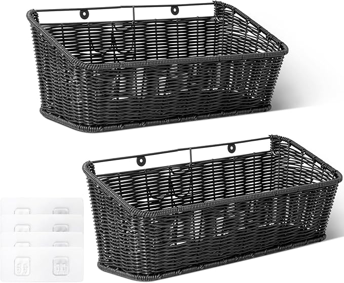 GRANNY SAYS Wicker Hanging Basket, 2 Pack Wall Basket for Kitchen, Fruit and Vegetable Storage Cabinet, Pantry Storage Spice Organization for Cabinet, Adhesive Shelf for Bathroom, Black