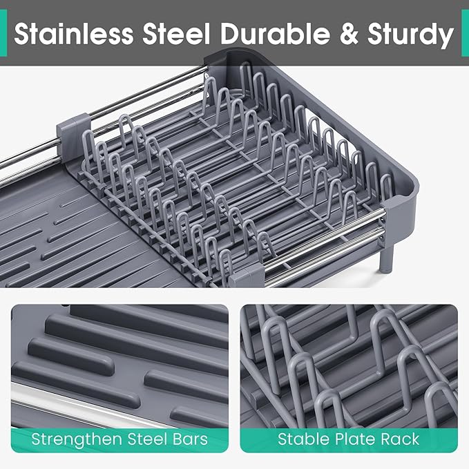TOOLF Dish Drying Rack with Drainboard, Extendable Dish Rack for Kitchen Counter, Expandable Dish Drainer, Dish Strainer, Foldable Home Countertop Plate Storage Rack with Cutlery Holder, Gray
