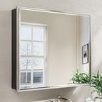 30x26 Pre-Assembled Bathroom Medicine Cabinet Mirror, Surface or Recessed Brushed Nickel Medicine Cabinet with Mirror & Rustproof Aluminum Frame, Beveled Bathroom Vanity Mirror with Storage