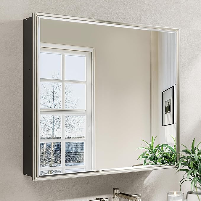 30x26 Pre-Assembled Bathroom Medicine Cabinet Mirror, Surface or Recessed Brushed Nickel Medicine Cabinet with Mirror & Rustproof Aluminum Frame, Beveled Bathroom Vanity Mirror with Storage