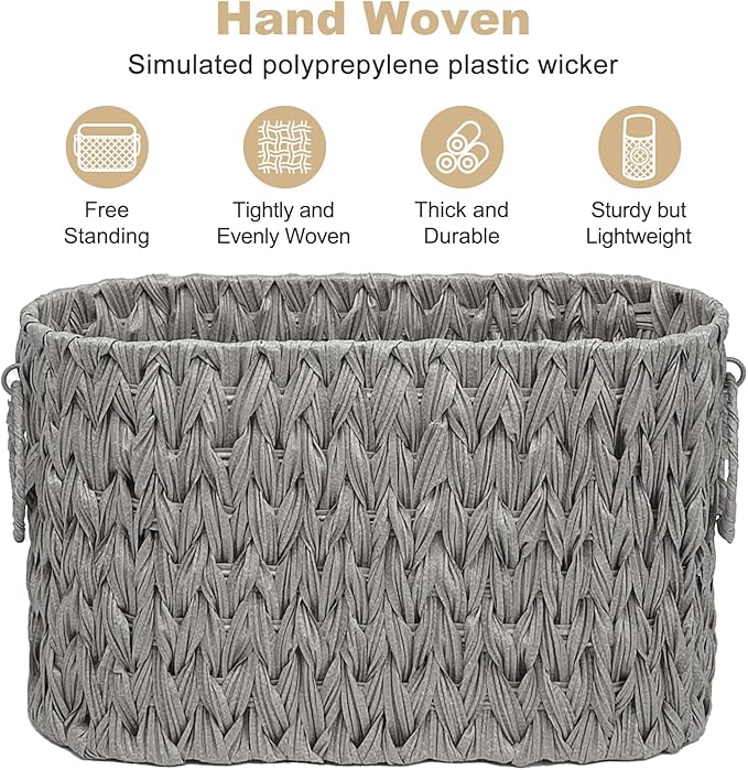 Toilet Paper Basket for Bathroom, Large Storage for 6 Mega Rolls, Free Standing Wicker-Style Toilet Paper Holder Organizer, Boho Decorative Bathroom Bin, 15.75" x 6.5" x 9.45" (Gray)
