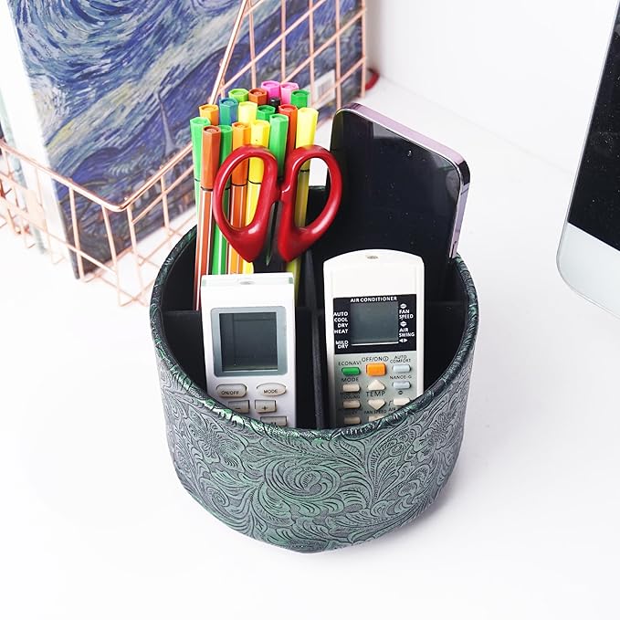 lizimandu Round Leather Art Supply Organizer,Remote Control Holder,360 Degree Spinning,Multi-Functional Pencil Holder,4 Compartments Desktop Stationary Organizer(1-Carved Metal Green1)