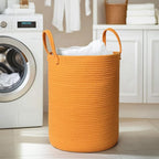 Large Orange Laundry Basket, 15"x18" Tall Blanket Storage Living Room, XL Cotton Rope Toy Bin for Organizing, Wicker Woven Baby Nursery Laundry Hamper with Handle, Orange Room Decor Aesthetic
