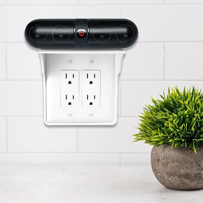 Power Perch Double Wall Outlet Shelf with Cord Storage Strap - Declutter & Reclaim Bathroom Counter Space - Alexa Stand, Apple Homepod Shelf, Toothbrush Holders Wall Mounted - White, 2-Pack