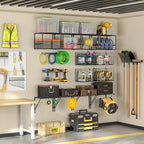 Garage Shelf Wall Mounted with Wire baskets, Heavy Duty Garage Wall Shelving with Garden Tool Rack and Hooks, Wire Shelf Baskets Tool Organizer for Home Garden Yard Organization and Storage