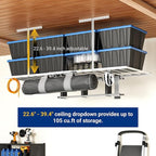 FLEXIMOUNTS 4x8 Overhead Garage Storage Rack with 6 Hooks, Adjustable Storage Organization System, Heavy-Duty Metal Ceiling Racks, 22.6" -39.4" Ceiling Dropdown, 2 Pack, White, Lite Series