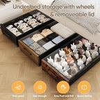 KITHELP Wooden Under Bed Storage with Wheels, Rolling Under the Bed Storage Bins with Removable Lid, Metal Under Bed Drawers for Clothes and Shoes in Bedroom or Living Room(Walnut Brown-1pack)