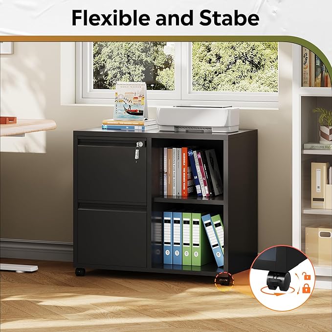 DEVAISE Lateral File Cabinet with 2 Drawers, Mobile Metal Filing Cabinet with Lock for Home Office Storage, Printer Stand with Adjustable Shelf - Black