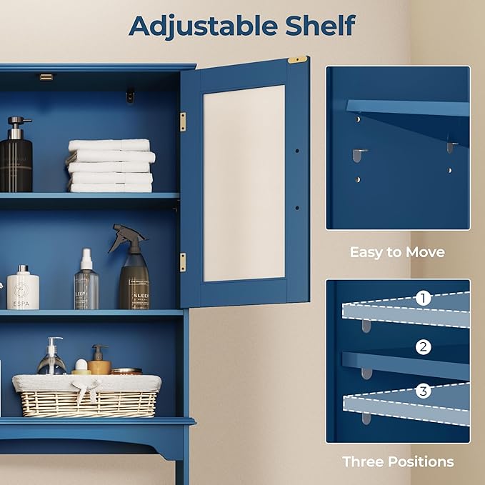 Yaheetech Over The Toilet Storage Cabinet, Free Standing Toilet Rack with Adjustable Shelves and Tempered Glass Doors for Bathroom Washroom, Navy Blue