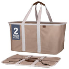 CleverMade Collapsible Laundry Tote 2-Pack (50L) – Foldable Carry-All Storage Bin for Laundry, Car Trunk, RV, Dorm & Home Organization – LUXE Cotton Blend with Vegan Leather Accents, Mocha