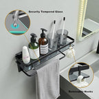VOLPONE Glass Shelf for Bathroom 15.7 in Black Bathroom Shelves Wall Mounted Tempered Glass Shelving with 2 Removable Hooks (1 Tier)