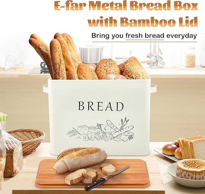 E-far Bread Box for Kitchen Countertop, Metal Bread Storage Container Bin with Bamboo Lid for Cutting Bread, Extra Large & Farmhouse Style, 13” x 7.2” x9.8”, Cream