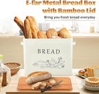 E-far Bread Box for Kitchen Countertop, Metal Bread Storage Container Bin with Bamboo Lid for Cutting Bread, Extra Large & Farmhouse Style, 13” x 7.2” x9.8”, Cream