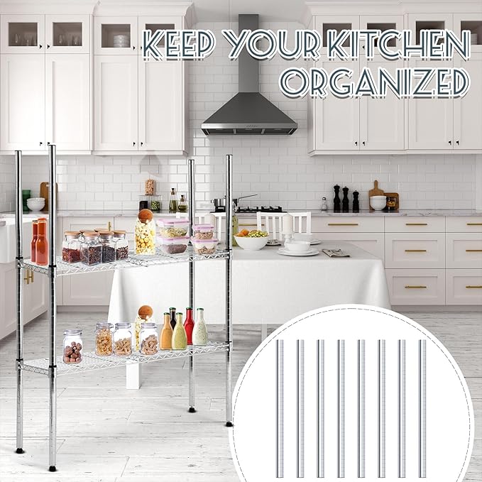 Thyle Set of 4 Wire Shelving Poles Including 8 Pcs 18'' Poles and 50 Pcs Shelf Clips, Heavy Duty Chrome Commercial Wire Shelving Parts for 1" Post Shelf Rack Accessories Replacement(36")