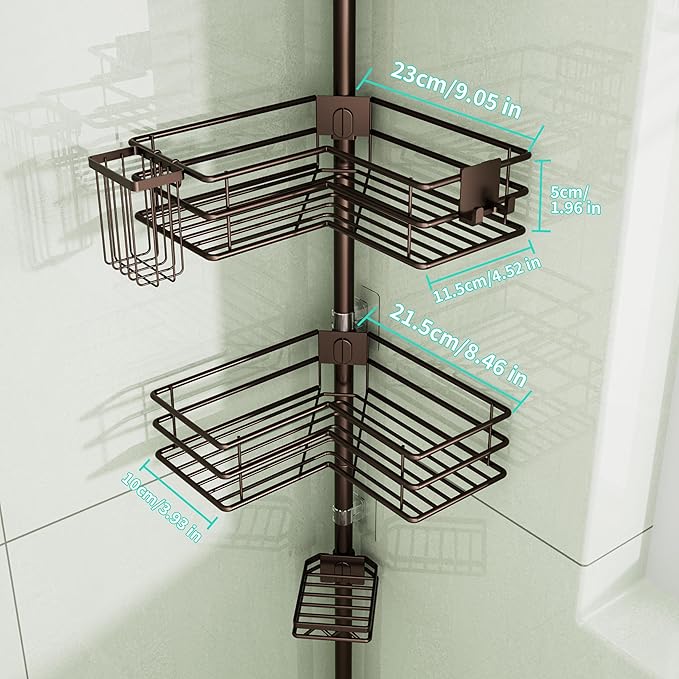 HapiRm Corner Shower Caddy Organizer - Shower Organizer Corner with Soap Holder, Toothbrush Holder and 4 Hooks, Rustproof Bathroom Shelf Tension Pole Available for 27.6 to 108.3 Inch - Bronze