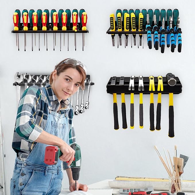4Pcs Wall Mount Tool Organizer Set,Include Screwdriver Organizer,9mm-24mm Wrench Holder,Pliers Holder,Hammer Rack,Galvanized Steel Hand Tool Storage for Workshop,Shed,Garage,Home