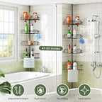 HAMITOR Corner Shower Caddy Tension Pole: 4-Tier Rust-Resistant Adjustable Bathroom Organizer Shelves - 47-121 Inch No-Drill Quick Installation - Space-Saving Storage for Renters Families - Black