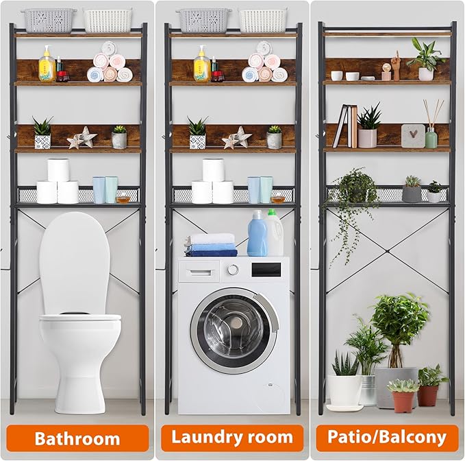 SUPER DEAL Over The Toilet Storage Shelf, 4-Tier Bathroom Organizer Space Saver Rack Wood Shelf, Rustic Brown