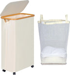 efluky Slim Laundry Hamper with Wheels, Narrow Laundry Basket with Lid and Removable Bag, Aesthetic Dirty Clothes Hamper on Wheels for Laundry Room, Bedroom, Dorm and Bathroom, 75L Beige