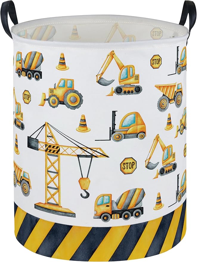 ESSME Kids Laundry Basket,Car Hamper Collapsible Canvas Waterproof Storage Bin for Boys, Nursery Hamper,Gift Baskets,toy bins(Engineering vehicle)