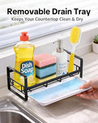 HULISEN Large Sponge Holder, 304 Stainless Steel Kitchen Soap Dispenser Caddy Organizer, Countertop Soap Dish Rack Drainer with Removable Drain Tray, not Including Dispenser and Brush, Black