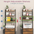 GYIIYUO 3 Drawer Tall 69''H File Cabinet with Charging Station, 4-Tier Filing Cabinet with Adjustable Shelf, Fabric Drawer, Printer Stand for Home Office, Fits A4/Letter/Legal, Rustic Brown