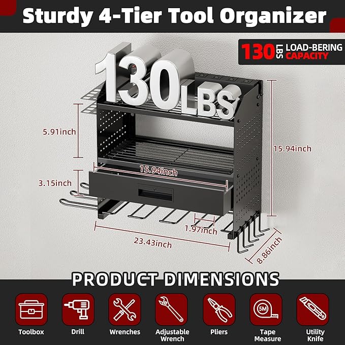 Power Tool Organizer Wall Mount with Charging Station, 4 Layers Storage Rack with 6 Drill Holders & Battery Storage, Cordless Tool Organizer with Drawers for Garage, Workshop & Tool Room