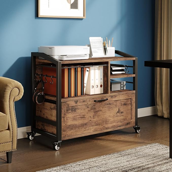 HSH Mobile Lateral File Cabinet with Drawer, Rolling Filing Cabinet with Storage Shelves & Hanging File Folders, Wooden Metal Printer Stand Fits A4 Letter Legal Size for Home Office, Rustic Brown,33In