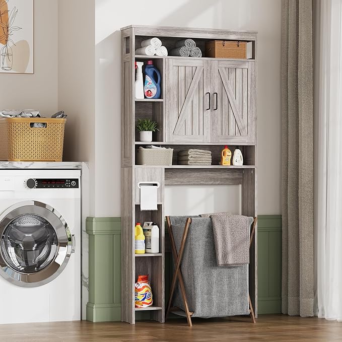 Over The Toilet Storage Cabinet, Farmhouse Storage Cabinet Over Toilet with 2 Barn Door & Toilet Paper Holder Stand, Freestanding Space-Saving Toilet Storage Rack for Bathroom, Laundry, Gray