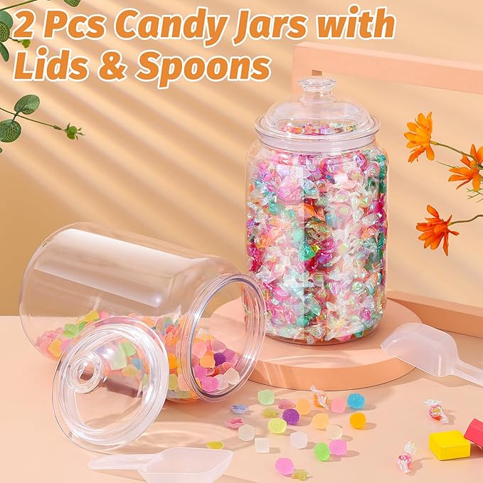 mwellewm 2 Pc Candy Jar with Lids 1 Gallon Large Candy Containers with Spoon Clear Plastic Cookie Dispenser Airtight Apothecary Storage Organization Snack Buffet Bar Dish for Wedding Home Classroom