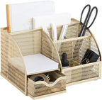 BLU MONACO | Gold Desk Organizer with Drawer | Metal Desktop Caddy with Six Compartments for Office Supplies | Stylish Desk Organizers and Accessories for Home or Office