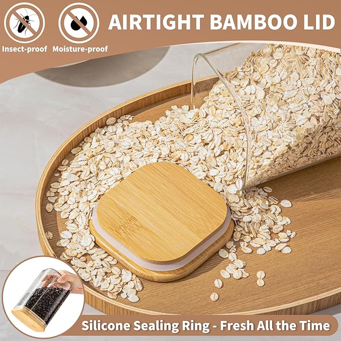 51 Oz Glass Storage Jars with Bamboo Lids - 3 Pack Clear Glass Canisters Square Airtight Stackable Ideal for Pantry Storage Containers Great for Storing Oats Coffee Beans Pasta Flour Rice etc