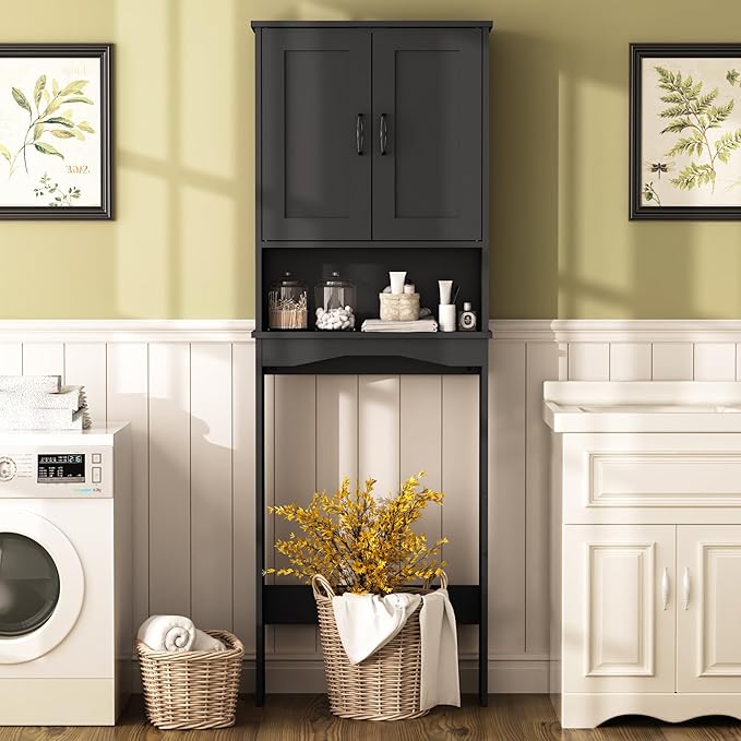 ROOMTEC Over The Toilet Storage Cabinet with Adjustable Shelf and Double Doors, Freestanding Bathroom Cabinet Organizer with Open Shelf, Home Space-Saving Toilet Rack for Restroom, Laundry, Black