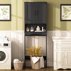 ROOMTEC Over The Toilet Storage Cabinet with Adjustable Shelf and Double Doors, Freestanding Bathroom Cabinet Organizer with Open Shelf, Home Space-Saving Toilet Rack for Restroom, Laundry, Black
