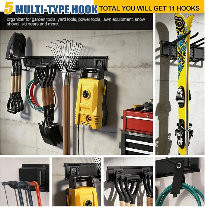 14Pack Garage Tool Organizer Wall Mount, 49.5'' Rails with 11 Adjustable Hooks, Heavy Duty Garage Storage & Organization Kit, Space-Saving Garage Wall Hook Rack for Shed Garden Yard Tool, Up to 520lbs
