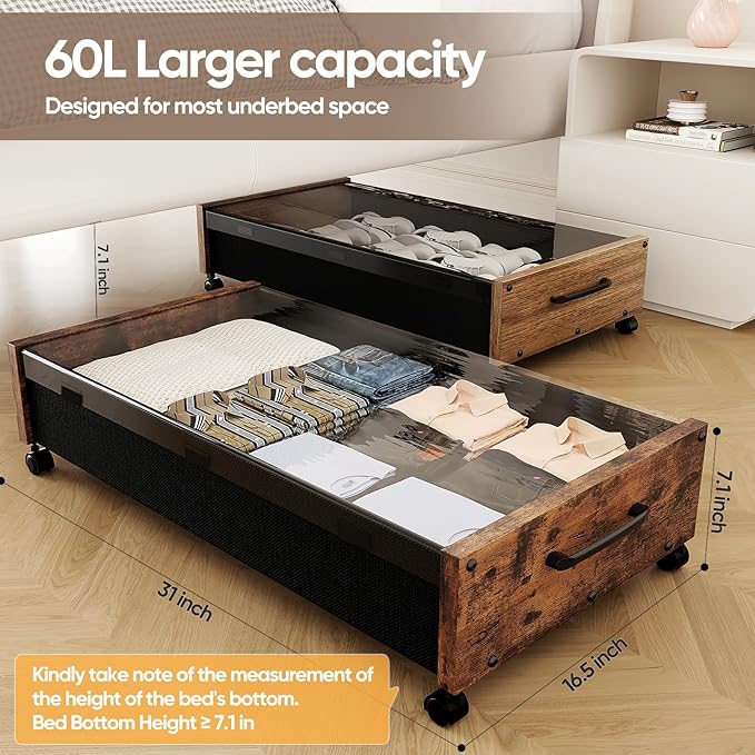 KITHELP Wooden Under Bed Storage with Wheels, Rolling Under the Bed Storage Bins with Removable Lid, Metal Under Bed Drawers for Clothes and Shoes in Bedroom or Living Room(Walnut Brown-1pack)