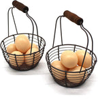 CVHOMEDECO. Metal Wire Mini Egg Baskets Rust Gathering Baskets with Wooden Handle Country Vintage Style Storage Baskets. Set of 2