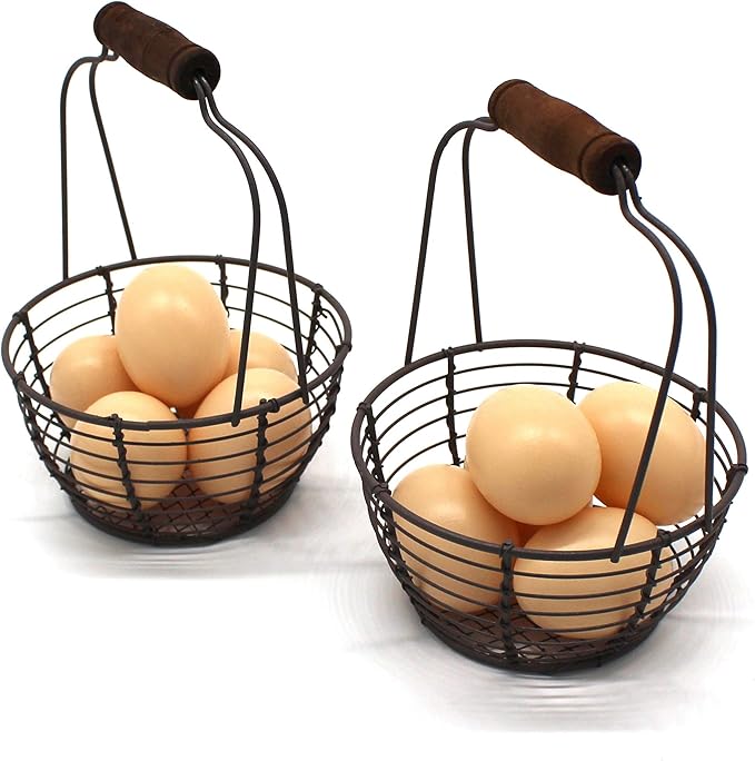 CVHOMEDECO. Metal Wire Mini Egg Baskets Rust Gathering Baskets with Wooden Handle Country Vintage Style Storage Baskets. Set of 2