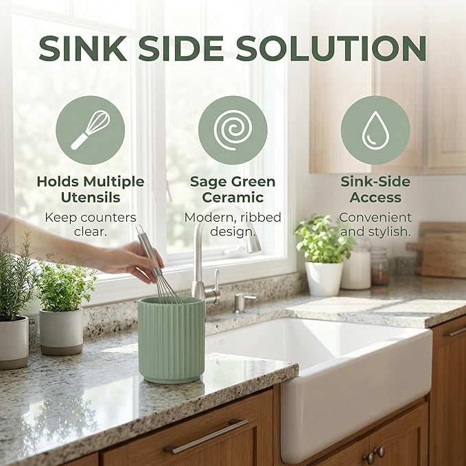 Kitchen Holder for Cooking Utensils, Kitchen Crocks for Storing Utensils (H5.51” x W4.92”), Flatware & Utensil Storage Spoon Stand Ceramic, Includes Silicone Drying Mat Milk Tea Color
