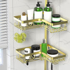 Shower Caddy Tension Pole - Gold Corner Shower Caddy Stainless Steel Bathroom Shower Organizer for Tub Tension Rod Corner Shower Shelves(22-114.2inch)