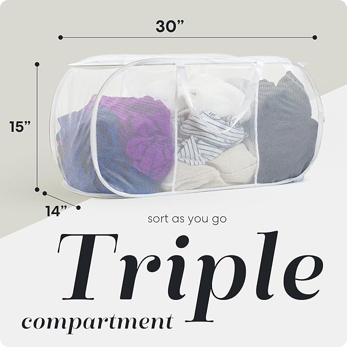 Handy Laundry Collapsible Laundry Basket, 3-Compartment Mesh Laundry Sorter, Foldable Pop Up Hamper with Handles, Space-Saving Durable Organizer for Dorm, Bedroom, Travel, White