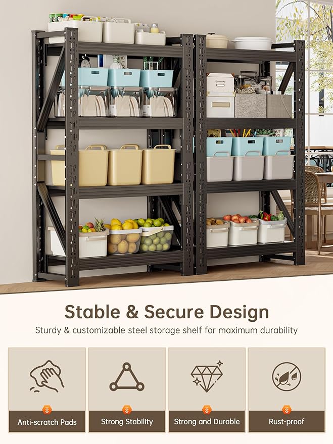 4-Tier Storage Shelves,79" H Heavy-Duty Garage Shelving Unit,Adjustable Industrial Metal Shelf System,4,000lbs Capacity,Tool Organizer for Garage,Workshop,48" W*24" D*79" H,Black