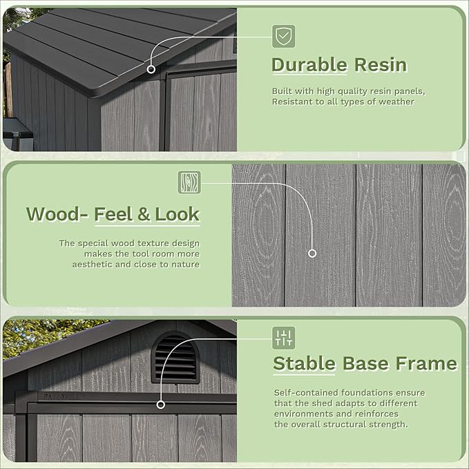 Patiowell 4' x 4' Outdoor Storage Shed with Floor, Plastic Shed Outside Resin Tool Shed with Window and Lockable Door for Backyard Garden Patio Lawn, Deep Gray