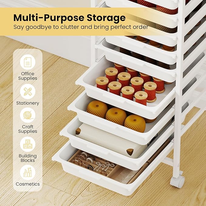 GOFLAME 10-Drawer Rolling Storage Cart, Craft Storage Cart with Wooden Tabletop and Lockable Wheels, Art Cart Supply Storage Organizer with Metal Frame for Home Office Classroom, White