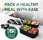 Umami Premium Lunch Box Containers w/ 4 Utensils, 2 Sauce Jars, Nestable Space-Saving Bento Box Adult, 100% Leakproof, Microwavable Lunch Containers for Adults, Walnut Black, 50 oz