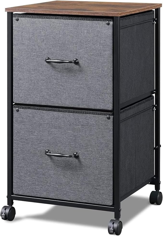 DEVAISE 2 Drawer Mobile File Cabinet, Rolling Printer Stand, Fabric Vertical Filing Cabinet fits A4 or Letter Size for Home Office, Rustic Brown Wood Grain Print