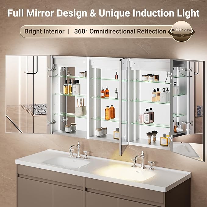 54x32 Lighted Medicine Cabinet Mirror with Magnifying & Night Lamp, 155° Soft-Close Hinge, Surface or Recessed Medicine Cabinet with Lights & Outlet, GFCI,Time Display& Inner Light,Hardwired