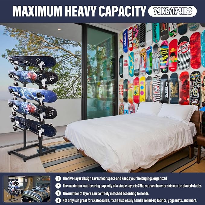 5 Tier Freestanding Skateboard Rack Double-Sided 50x30x110cm Heavy Duty Skate Board Display Hanger Rack Hold 10 Storage Longboard Deck Organizer for All-Mountain, Wide, Powder, Back-country Skis
